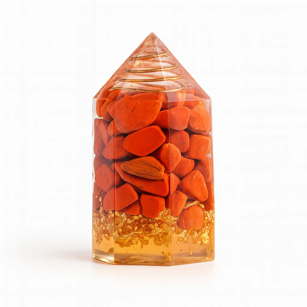 Crystal pyramid with red stones inside on a white background