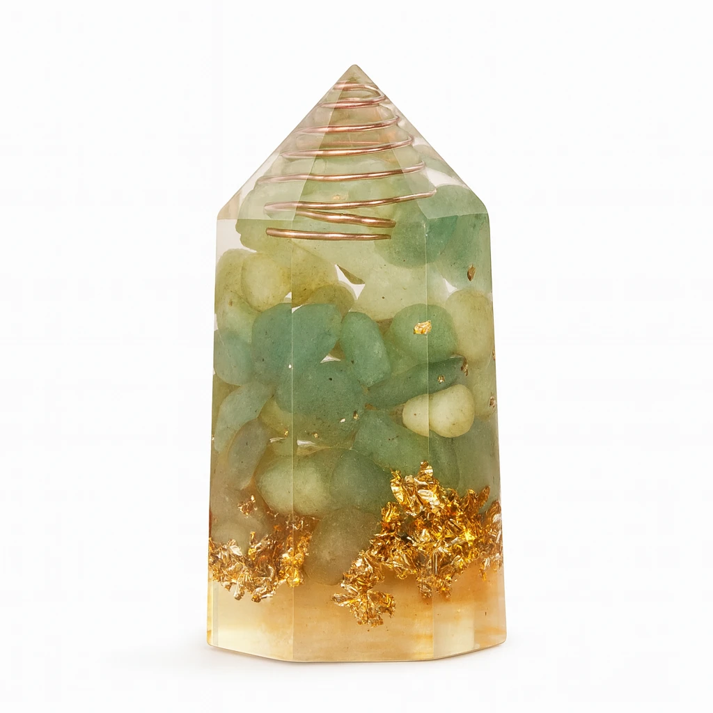 Crystal tower with green stones and gold flakes on a white background