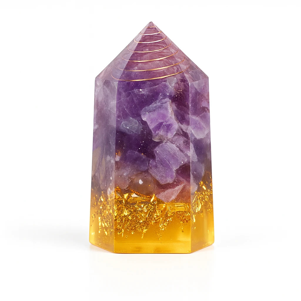 Amethyst and gold crystal tower on a white background