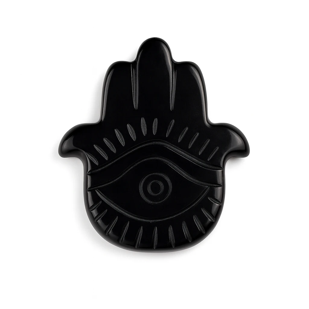 Black Hamsa hand with eye symbol on a white background