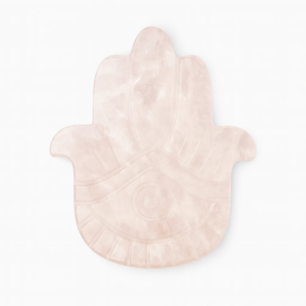 Pink marbled Hamsa hand-shaped object on a white background