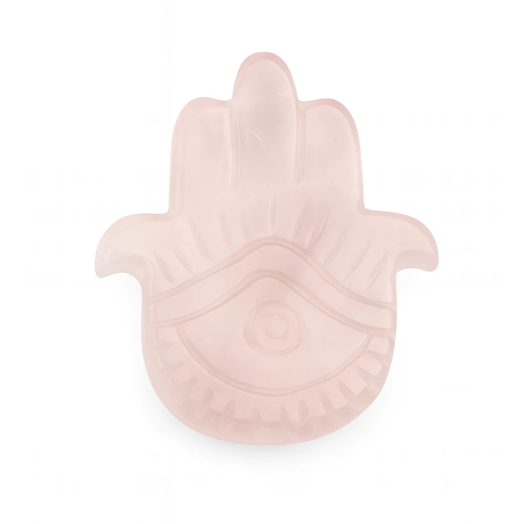 Pink Hamsa hand-shaped dish on a white background