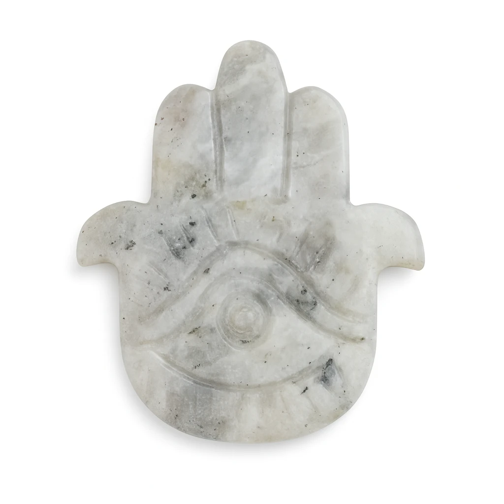 White dirty marble Hamsa hand pendant on a white background