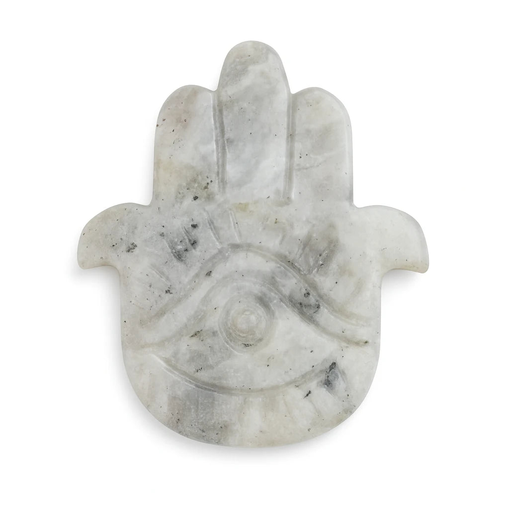 White dirty marble Hamsa hand pendant on a white background