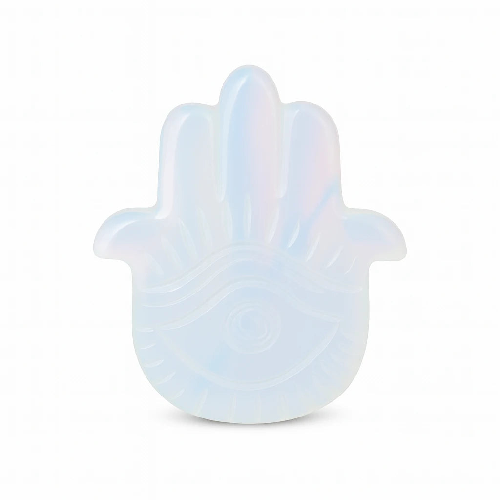 Opalite Hamsa hand on a white background