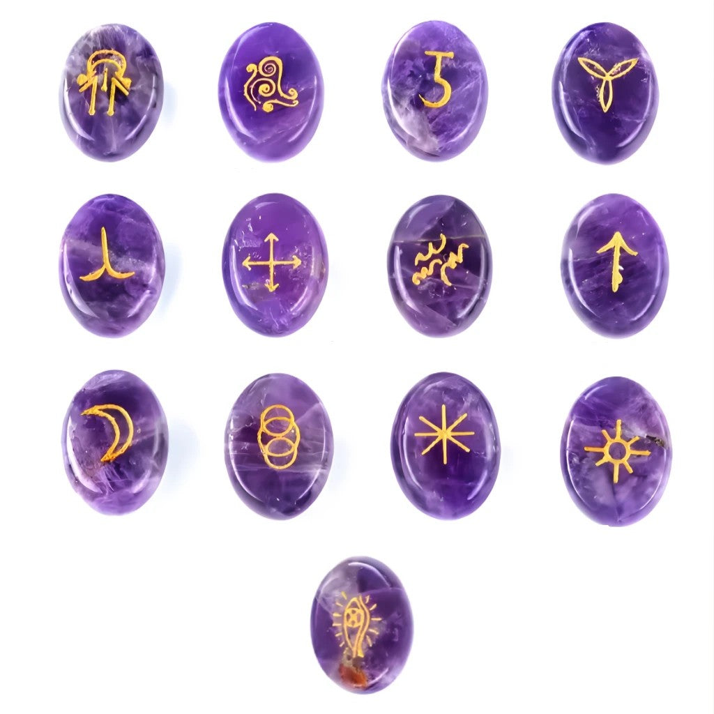 Purple stones with gold symbols arranged in a grid on a white background