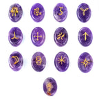 Purple stones with gold symbols arranged in a grid on a white background