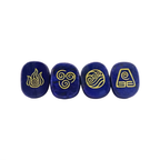 Four blue stones with gold symbols on a white background