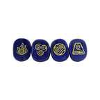 Four blue stones with gold symbols on a white background