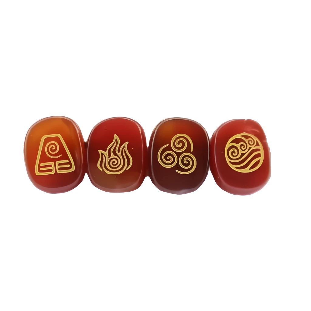 Four red stones with gold symbols on a white background