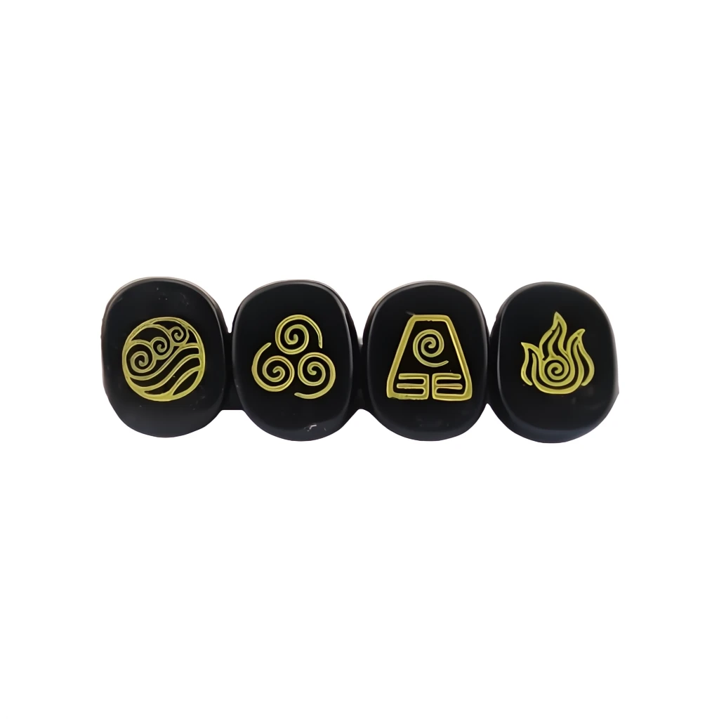 Four black stones with gold symbols on a white background