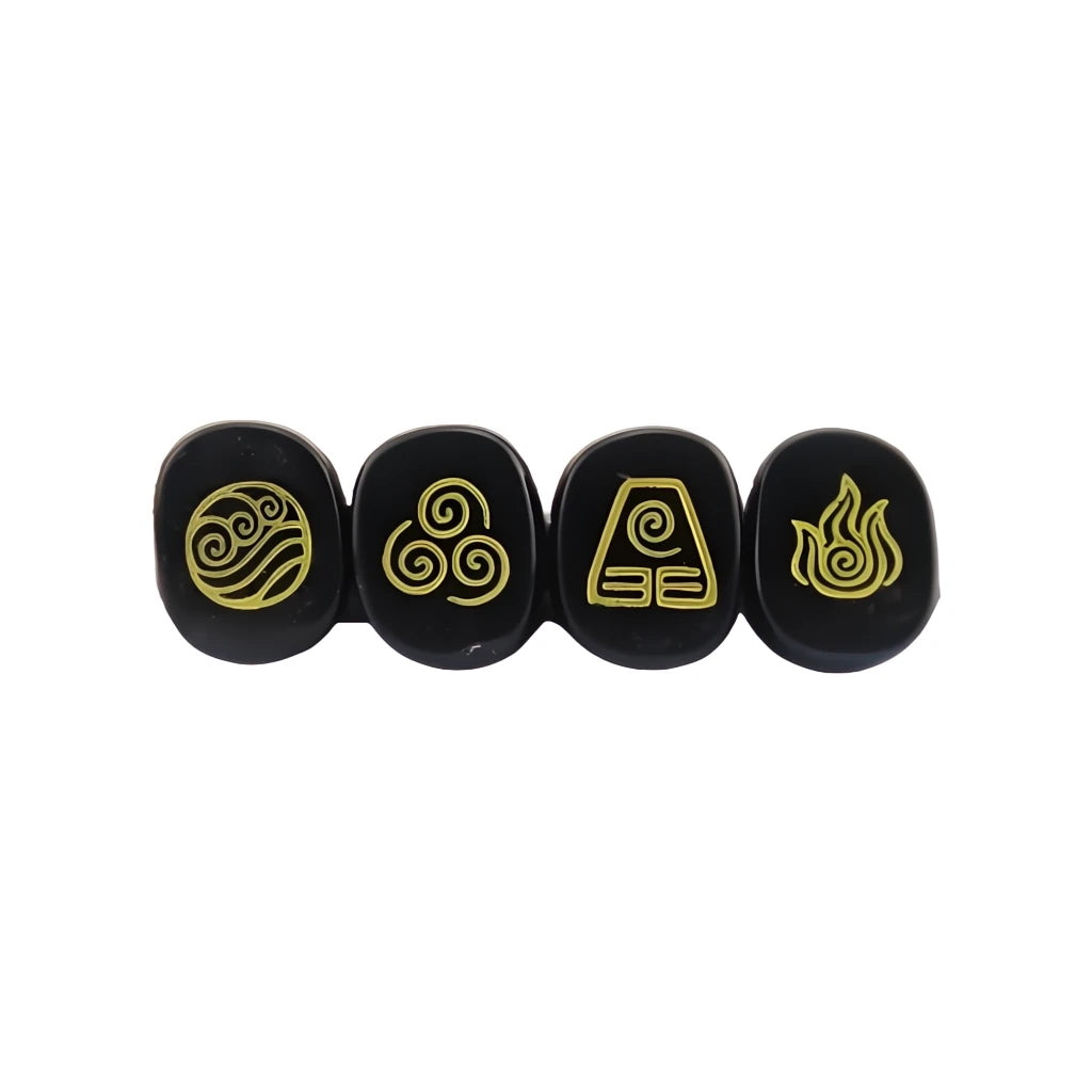 Four black stones with gold symbols on a white background