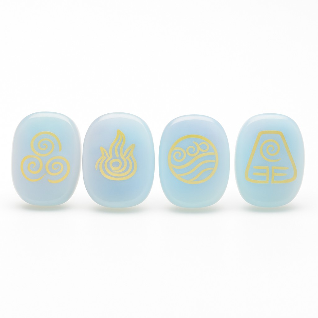 Four opalite oval tiles with gold symbols on a white background