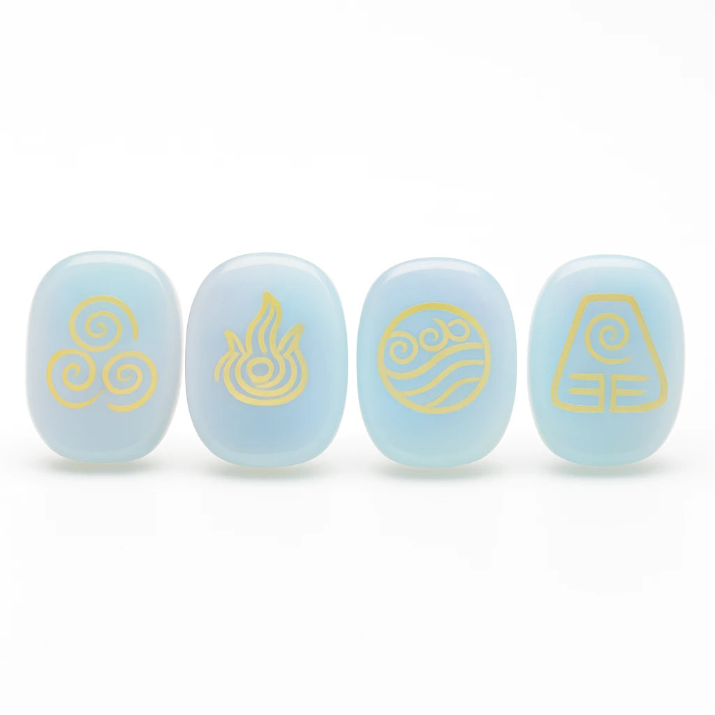 Four opalite stones with gold symbols on a white background