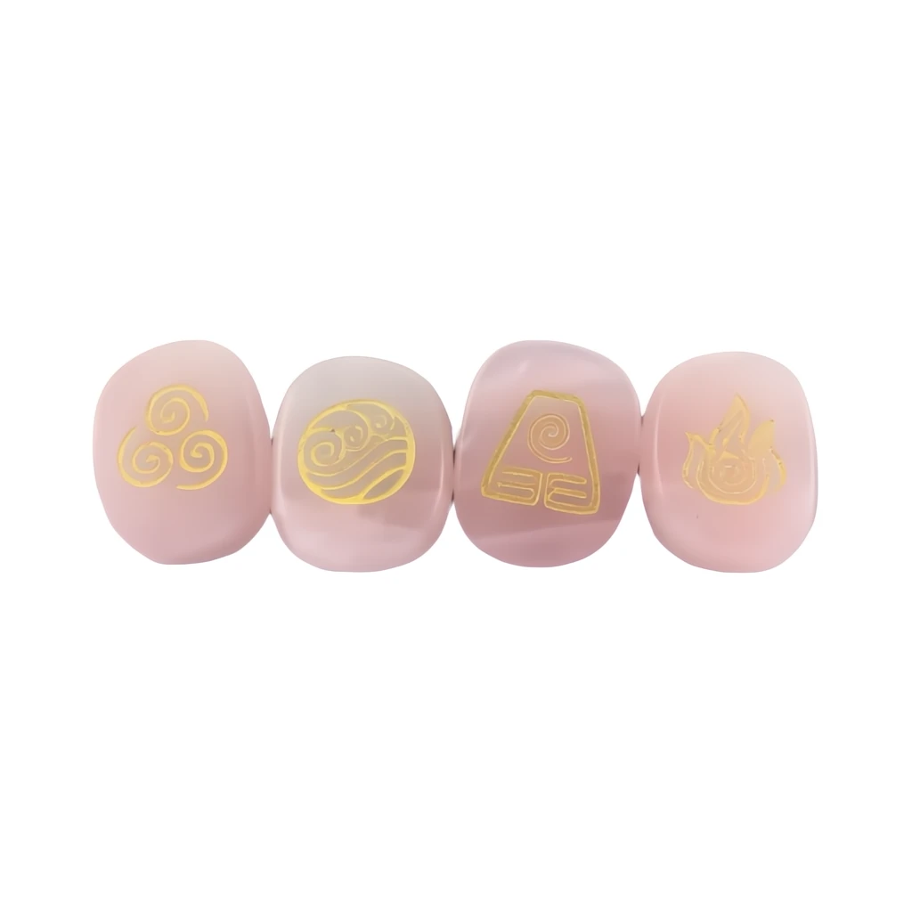 Four pink stones with gold symbols on a white background