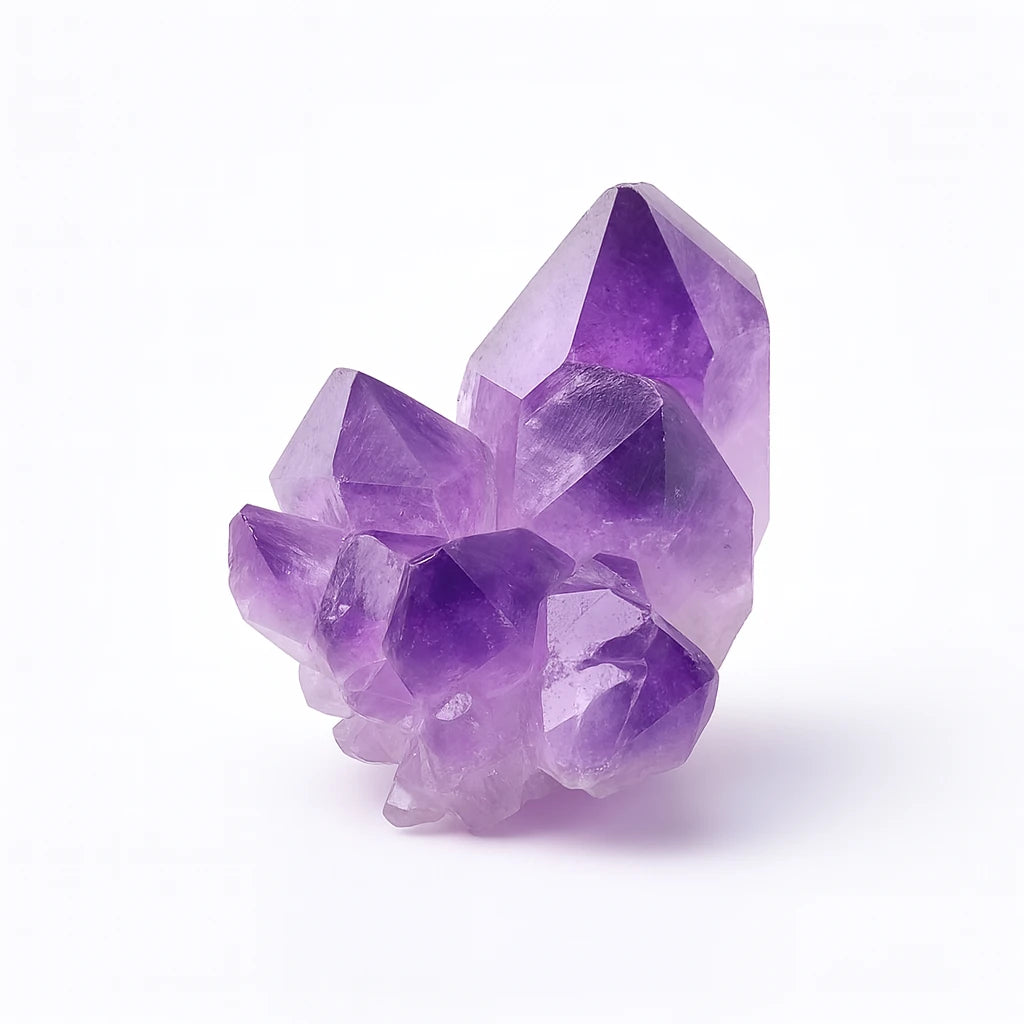 Purple crystal cluster on a white background