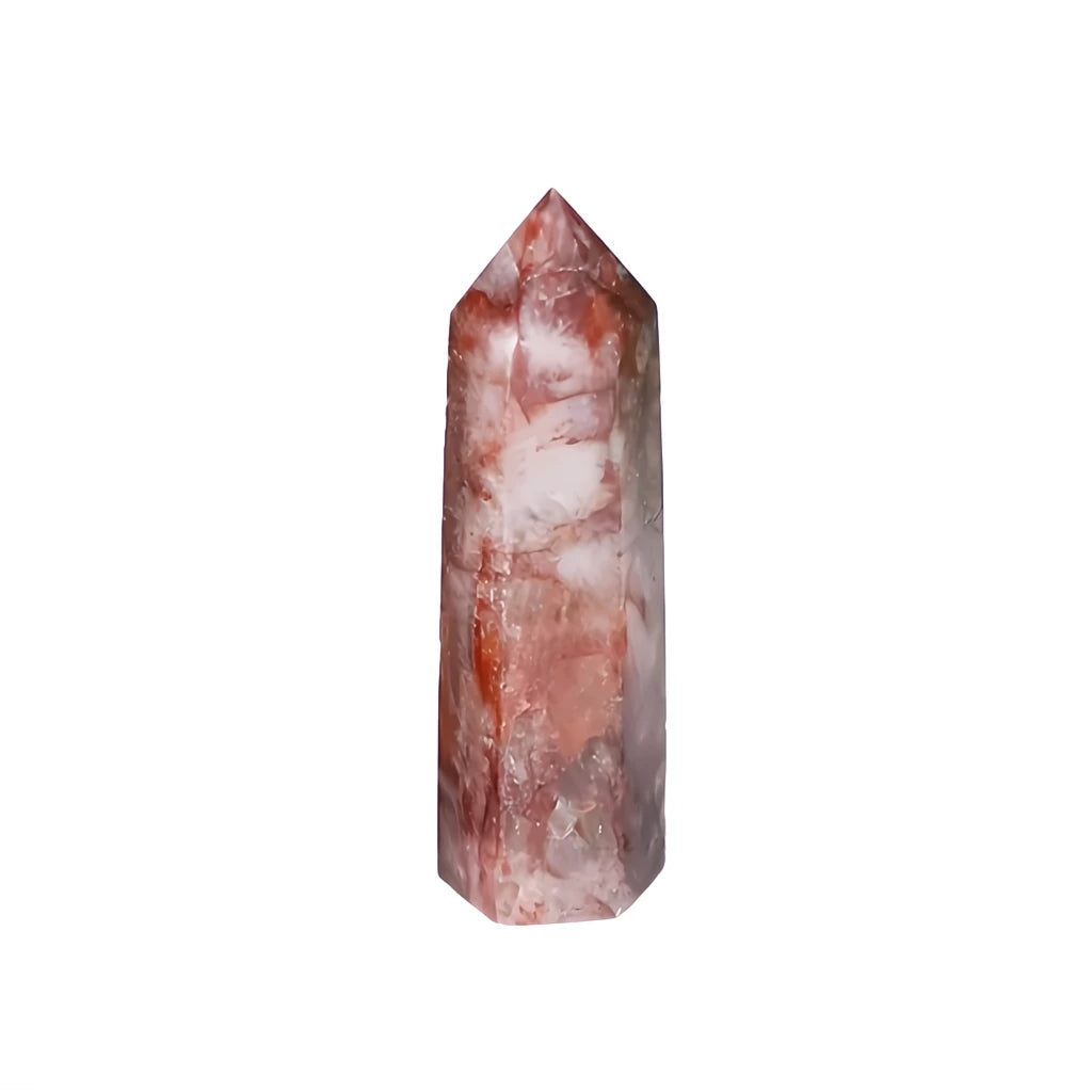 Crystal tower with pink and white marbled pattern on a white background