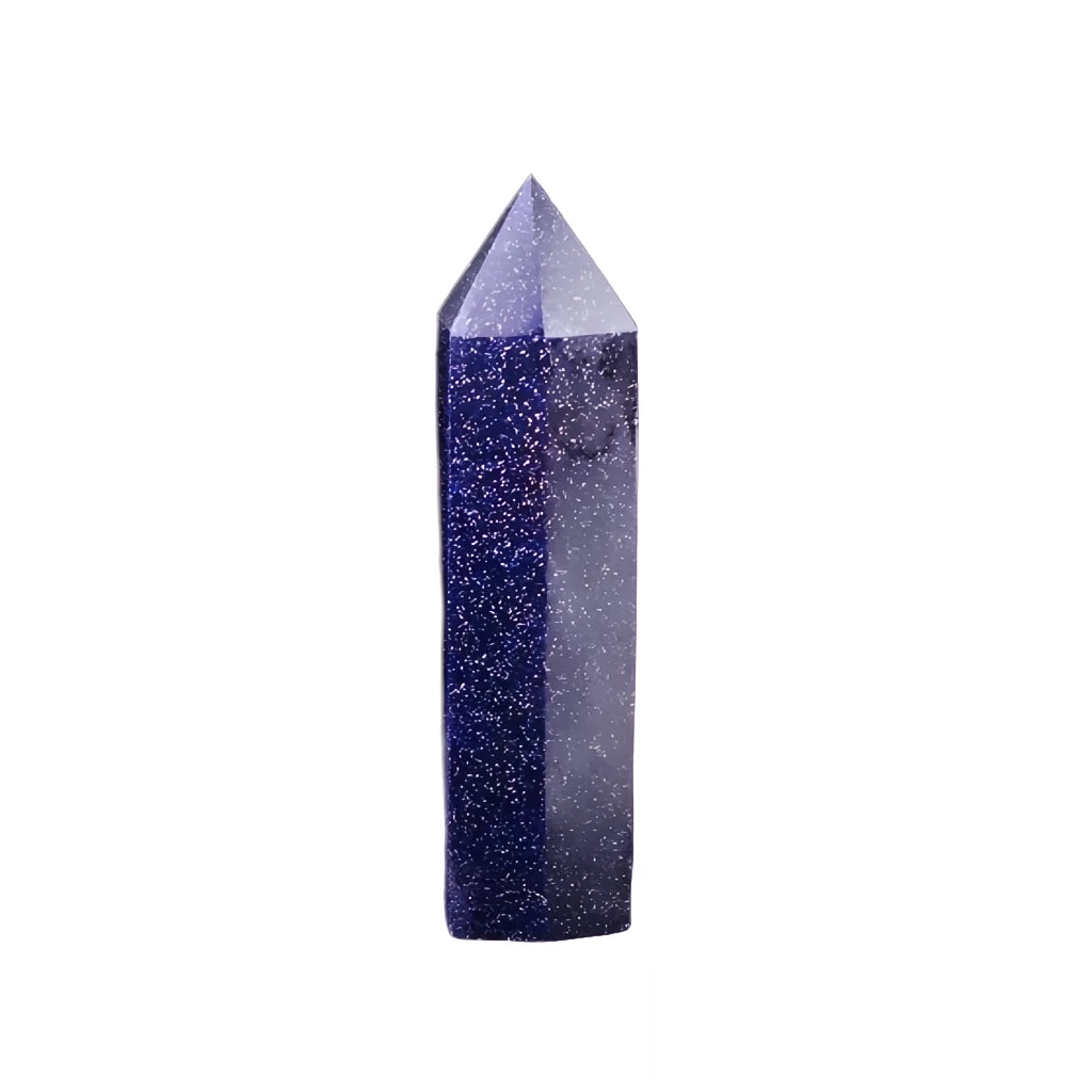 Crystal tower with blue and purple speckled pattern on a white background