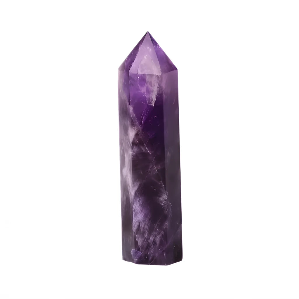 Amethyst crystal tower on a white background