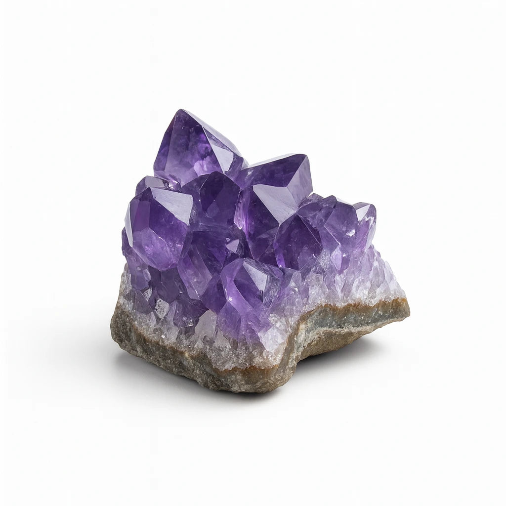 Amethyst crystal cluster on a white background