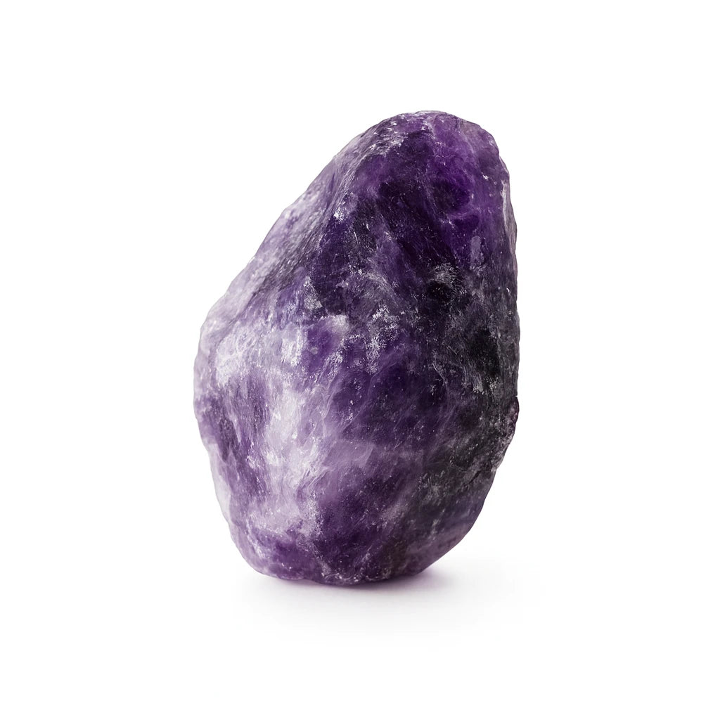 Raw amethyst crystal on a white background