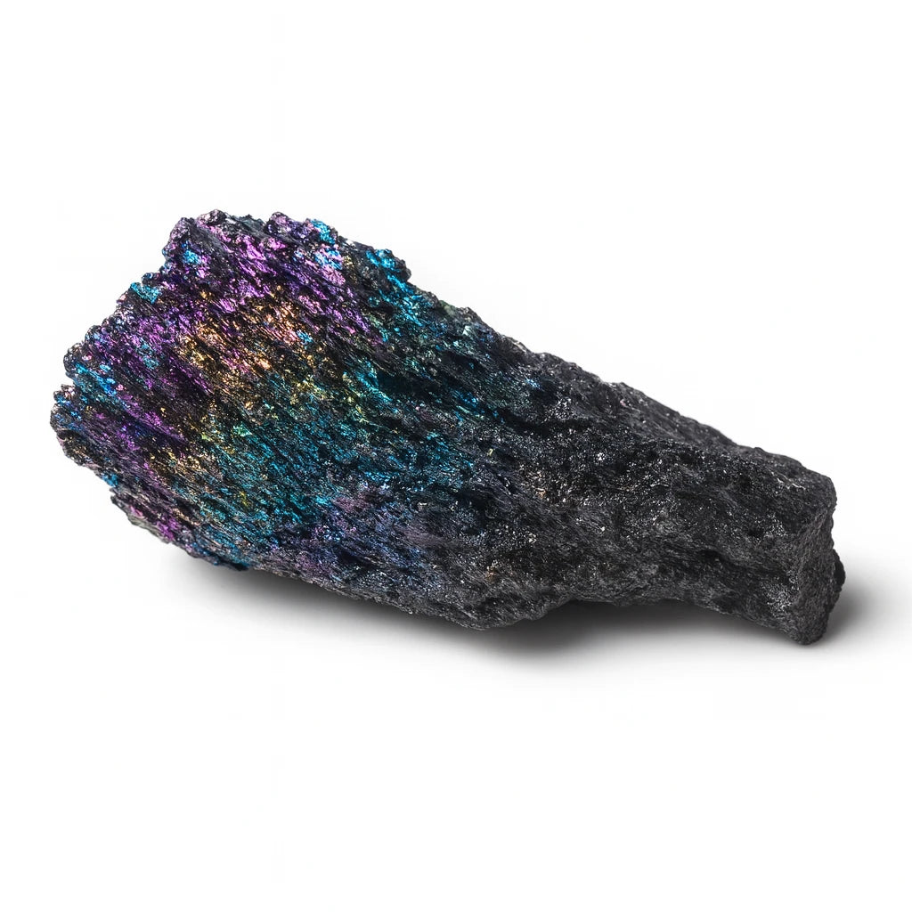 Mineral specimen with colorful crystal growth on a white background