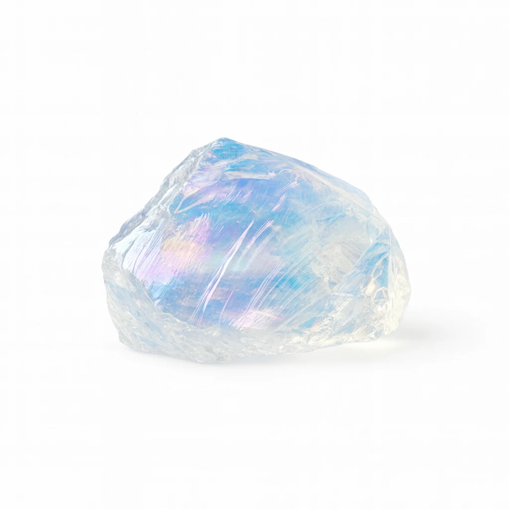 Iridescent crystal on a white background