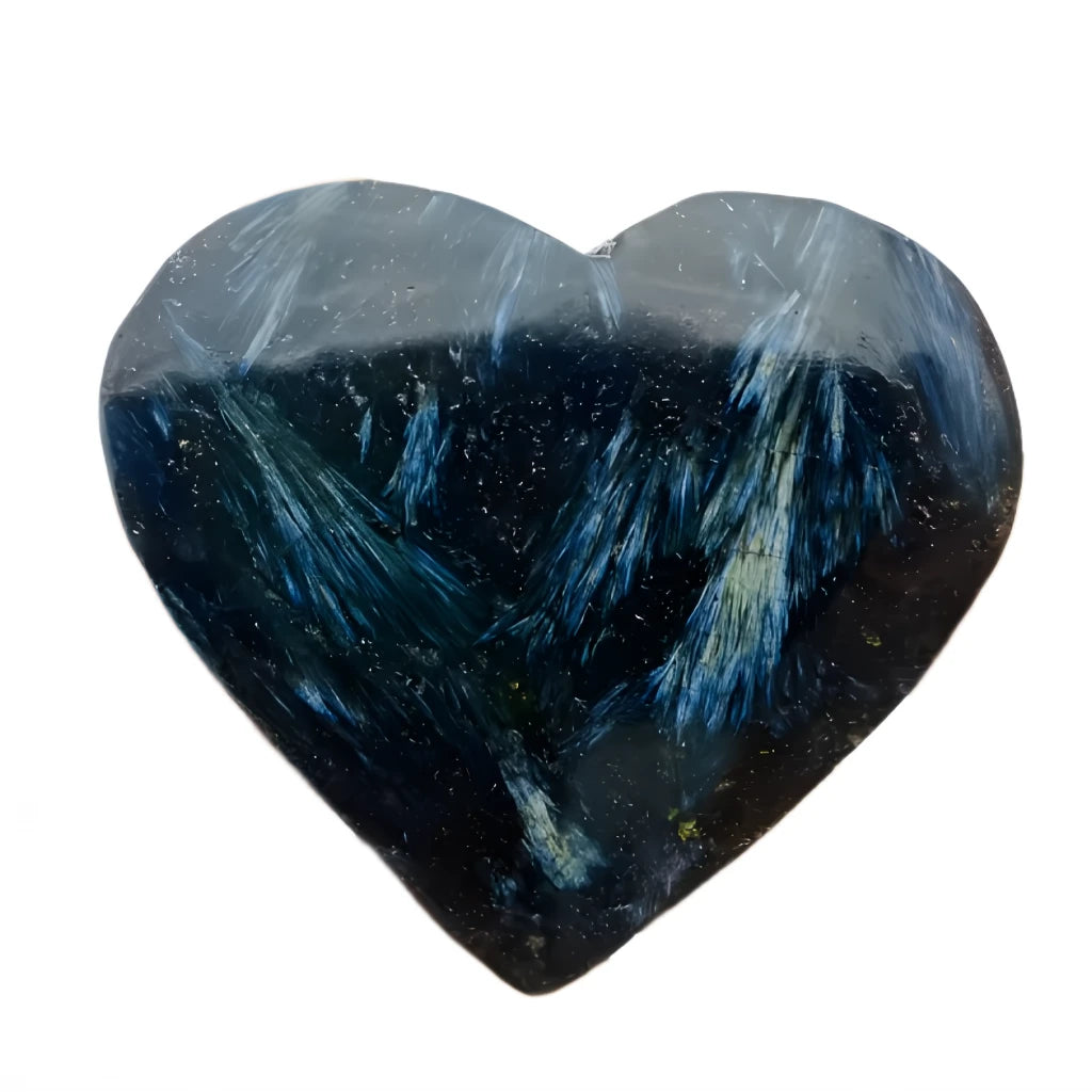 Heart-shaped stone with blue and black patterns on a white background