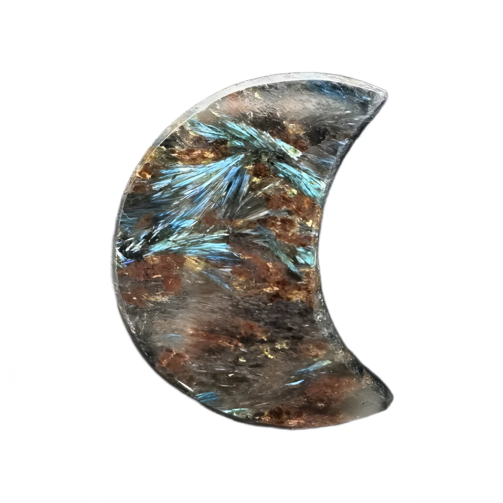 Crystal moon-shaped object with bornw blue sketch patterns on a white background