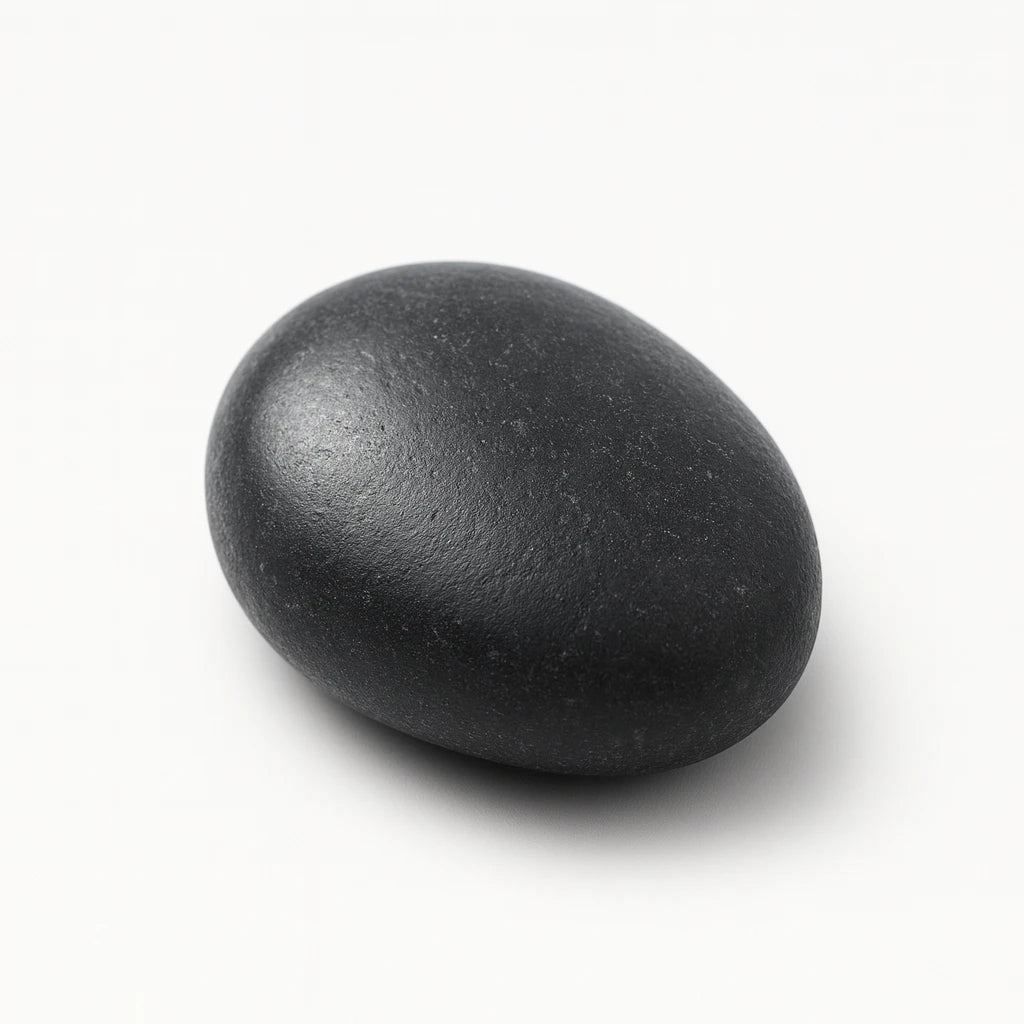 Black egg shaped stone on a white background