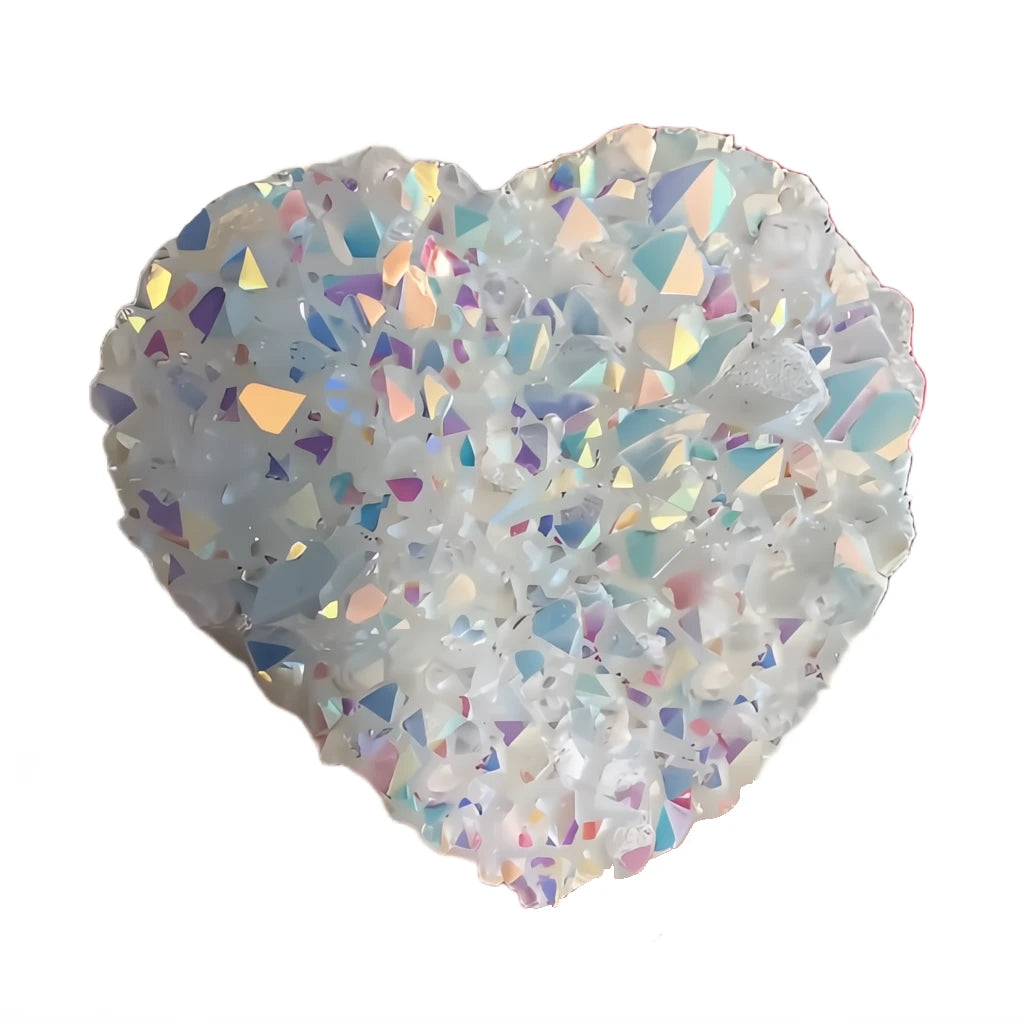 Heart-shaped crystal with multicolored speckles on a white background