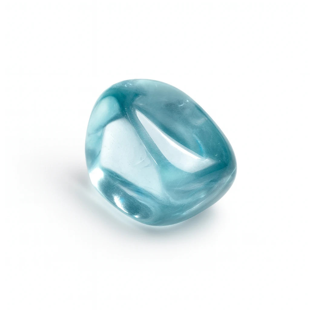 Clear blue gemstone on a white background