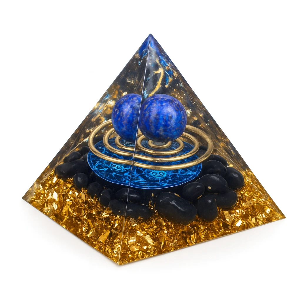 Pyramid-shaped crystal with blue balls and black stones on a white background