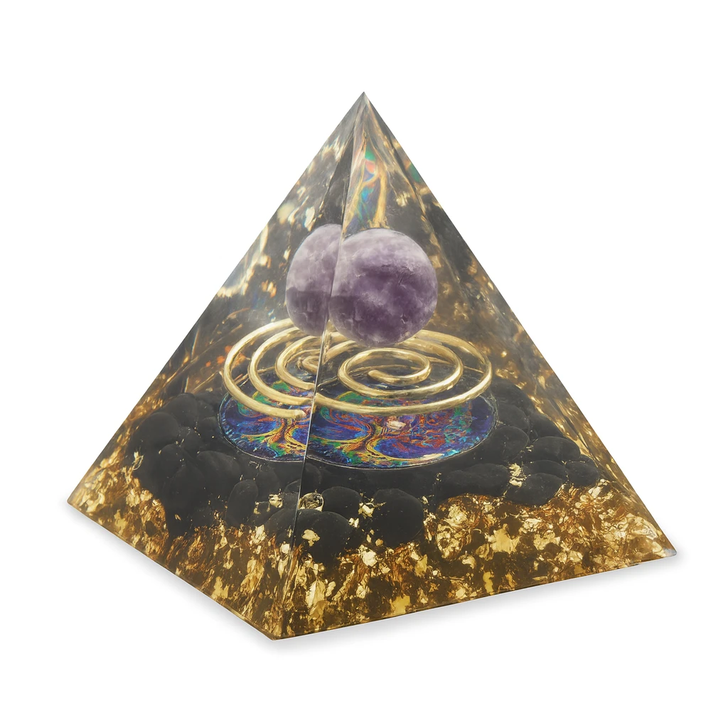 Pyramid-shaped object with a purple sphere and spiral design on a white background