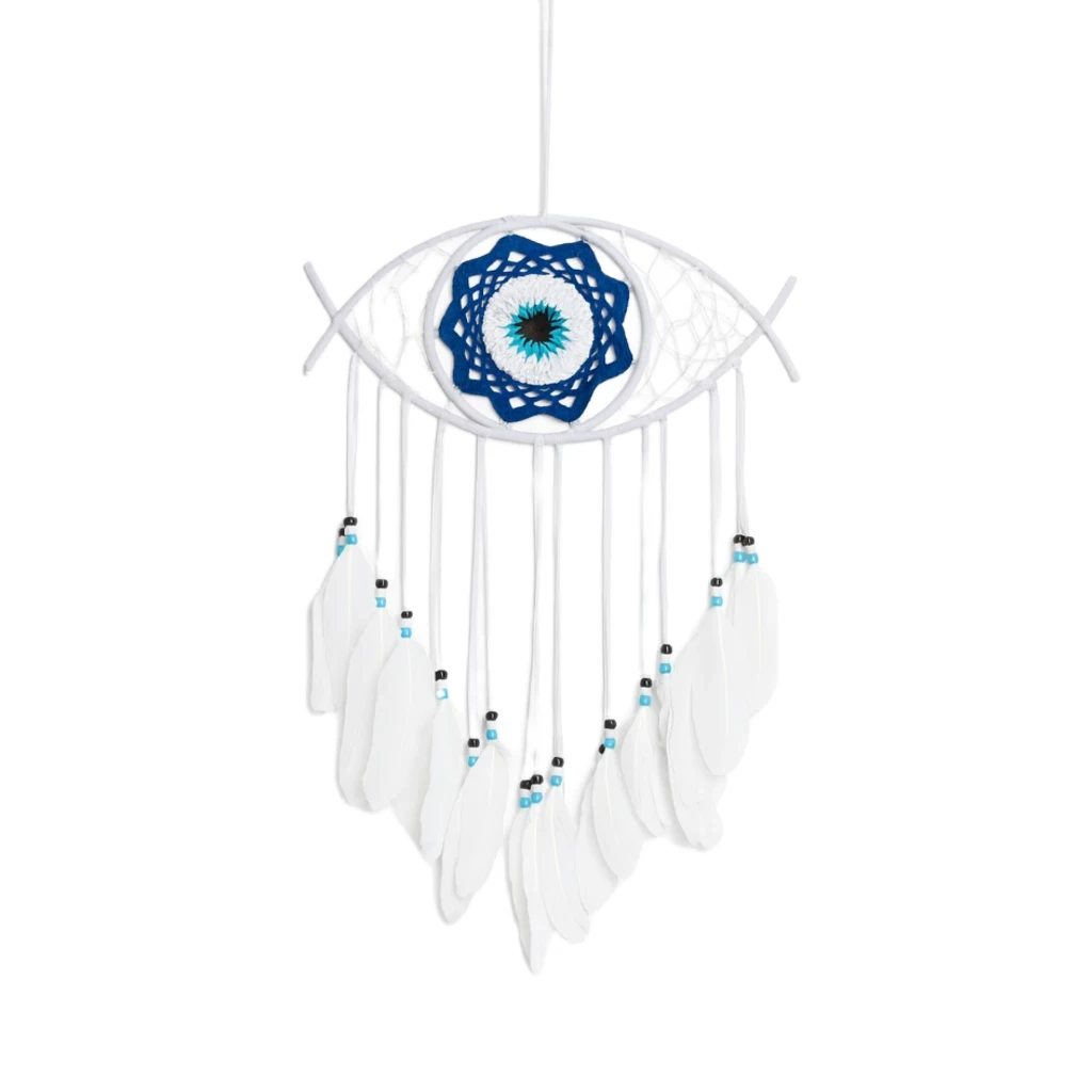 White wind chime with blue geometric design on a white background