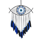 Black wind chime with blue geometric design on a white background