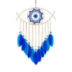 Beige wind chime with blue geometric design on a white background