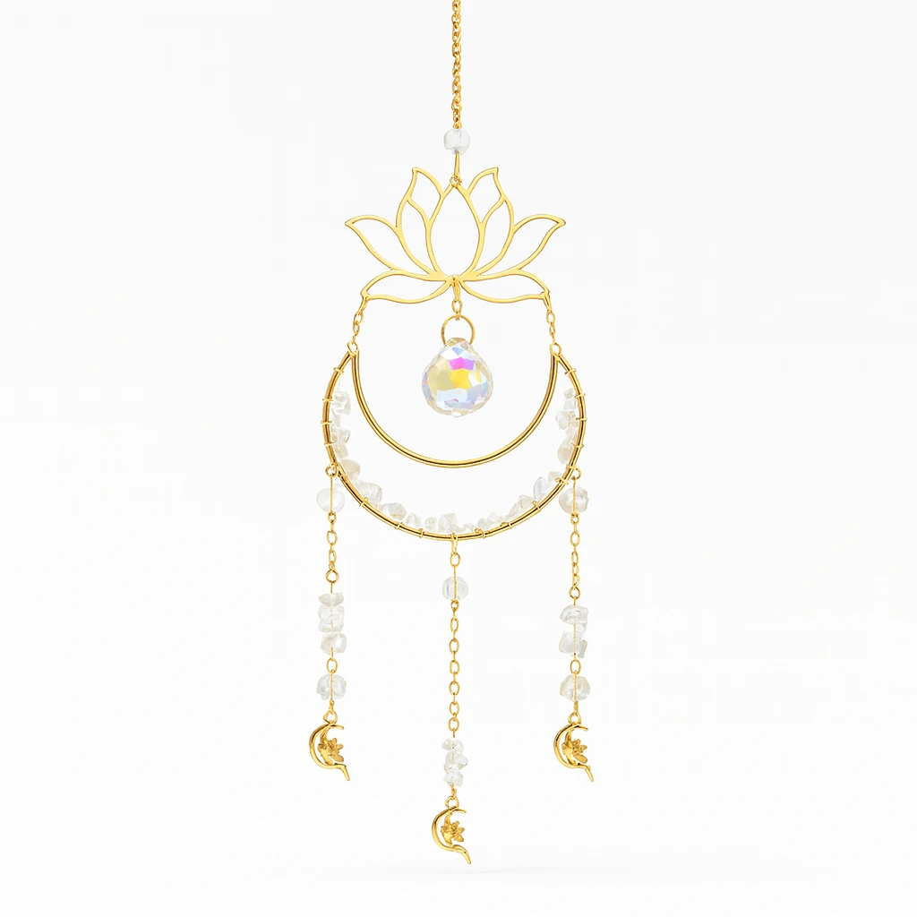 Decorative hanging ornament with gold lotus design and pearl-like beads on a white background