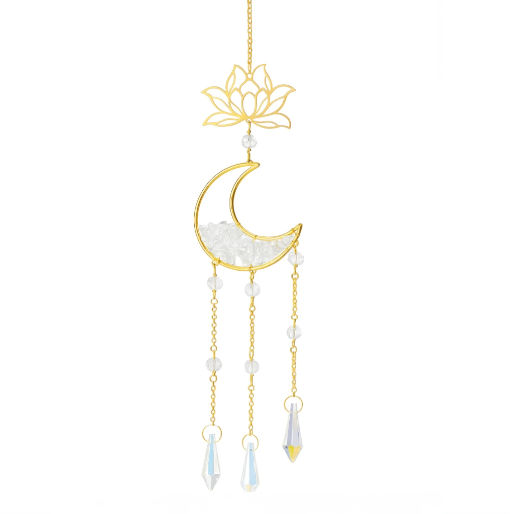 Decorative hanging ornament with crescent moon, lotus flower, and beads on a white background