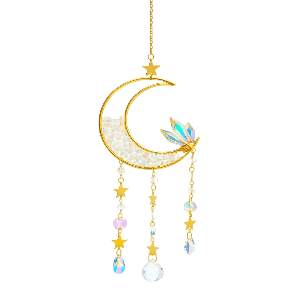 Decorative hanging ornament with a crescent moon and star design on a white background