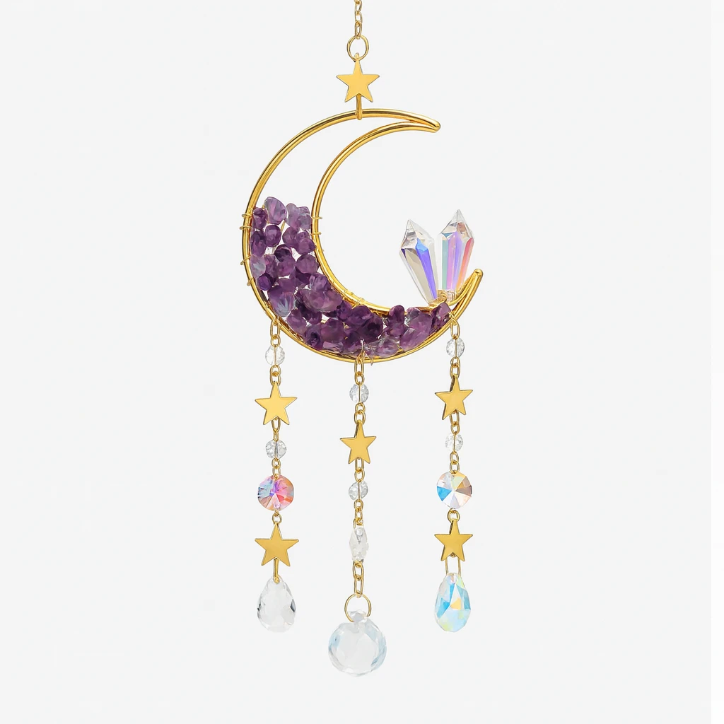 Decorative hanging ornament with a crescent moon, stars, and purple crystals on a white background