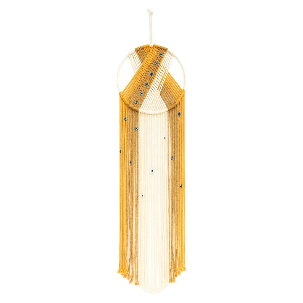 Decorative hanging lamp with gold and white design on a white background