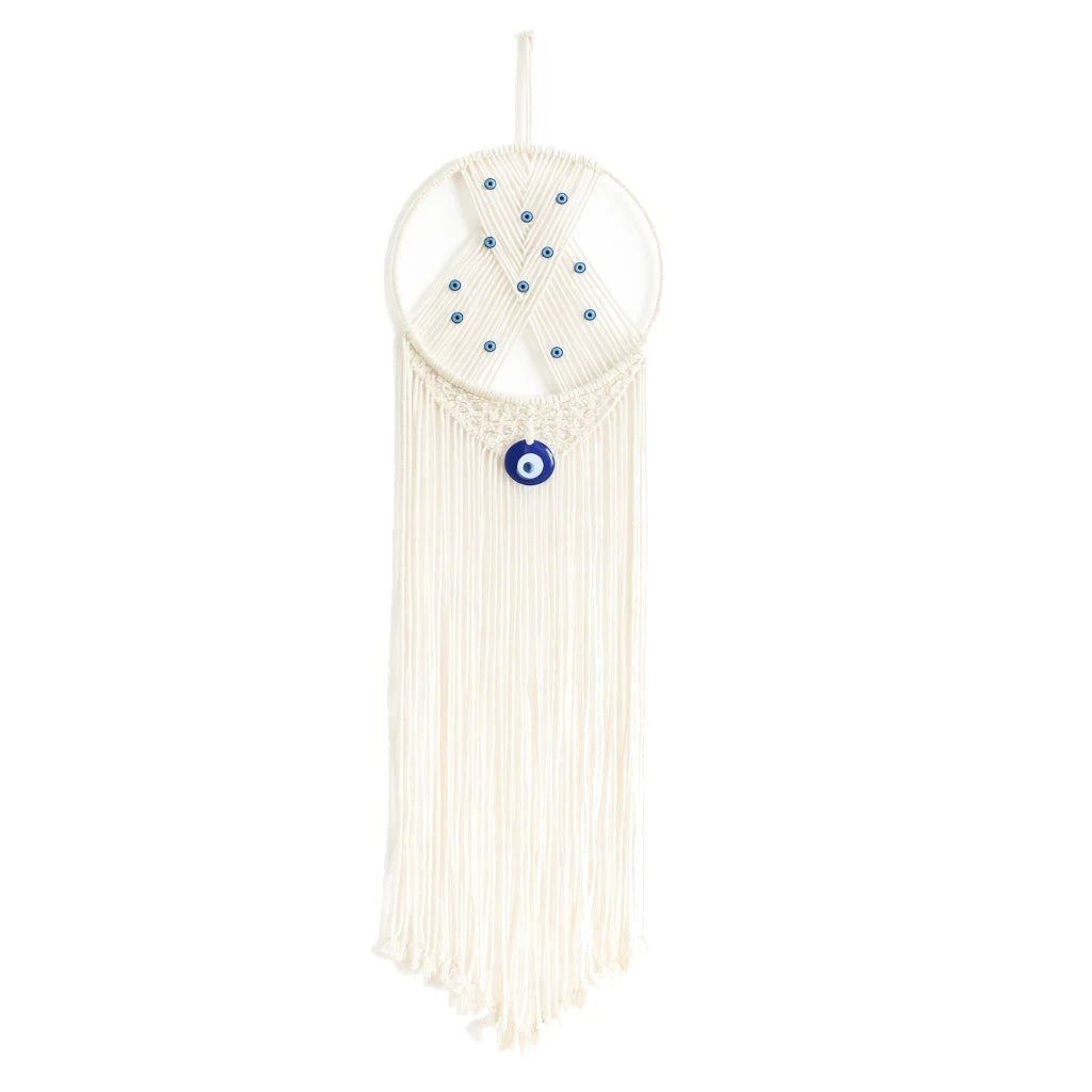 White dreamcatcher with blue beads on a white background