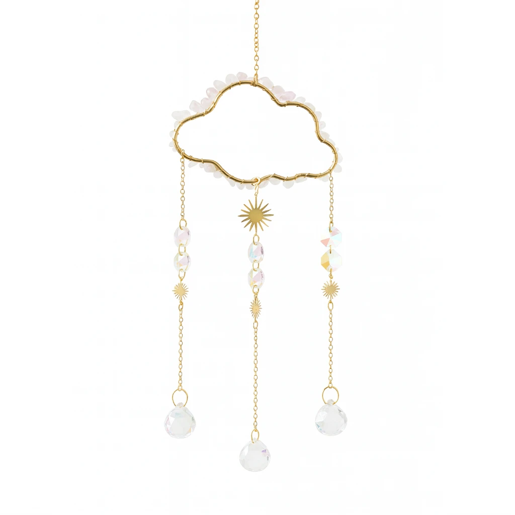 Decorative cloud hanging with pearl-like beads and gold accents on a white background