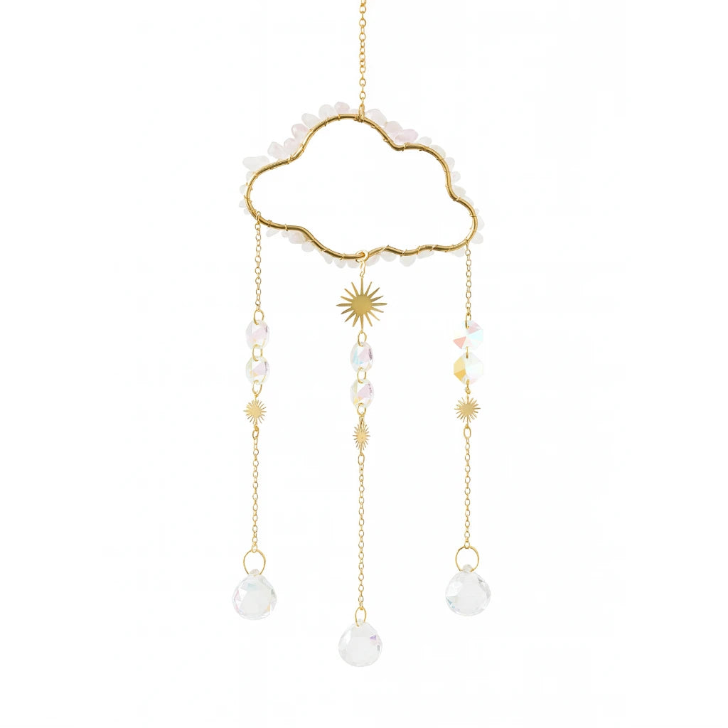 Decorative cloud hanging with pearl-like beads and gold accents on a white background