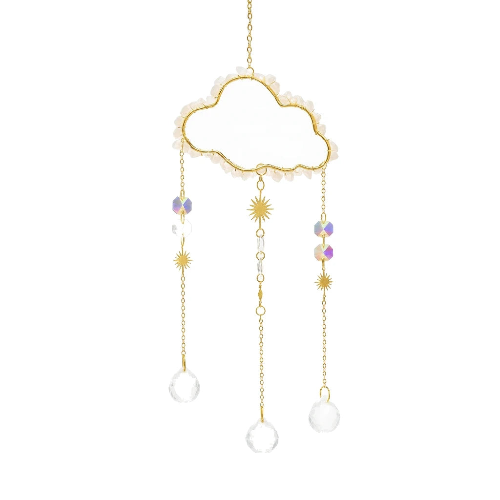Decorative cloud-shaped hanging ornament with beads and pearls on a white background