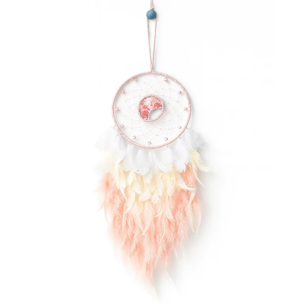 Decorative dreamcatcher with pastel feathers on a white background