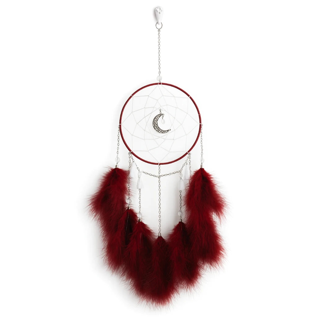 Dreamcatcher with red feathers and a crescent moon design on a white background