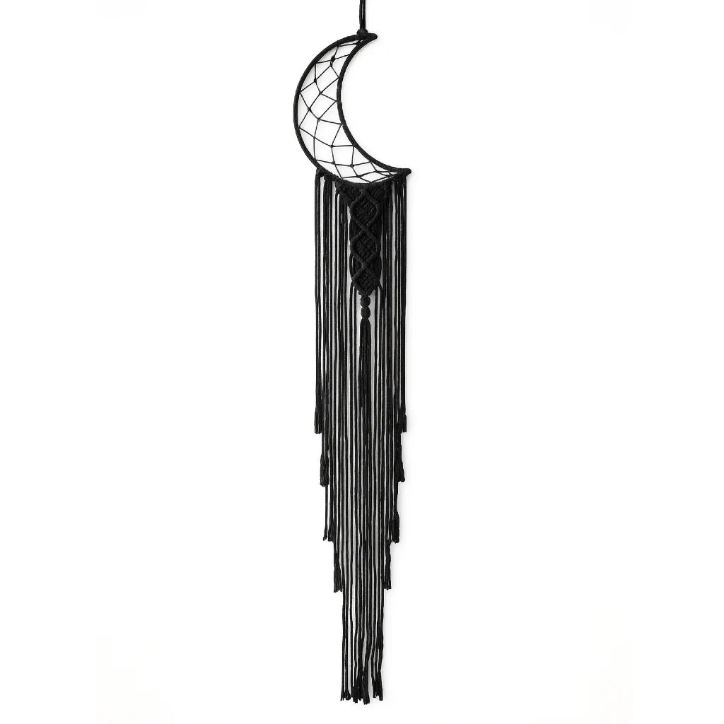 Black crescent moon dreamcatcher with fringes on a white background