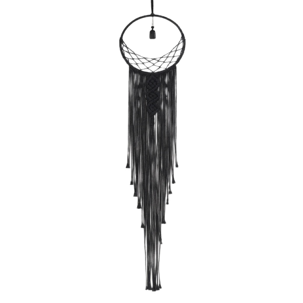 Black dreamcatcher with long tassels on a white background